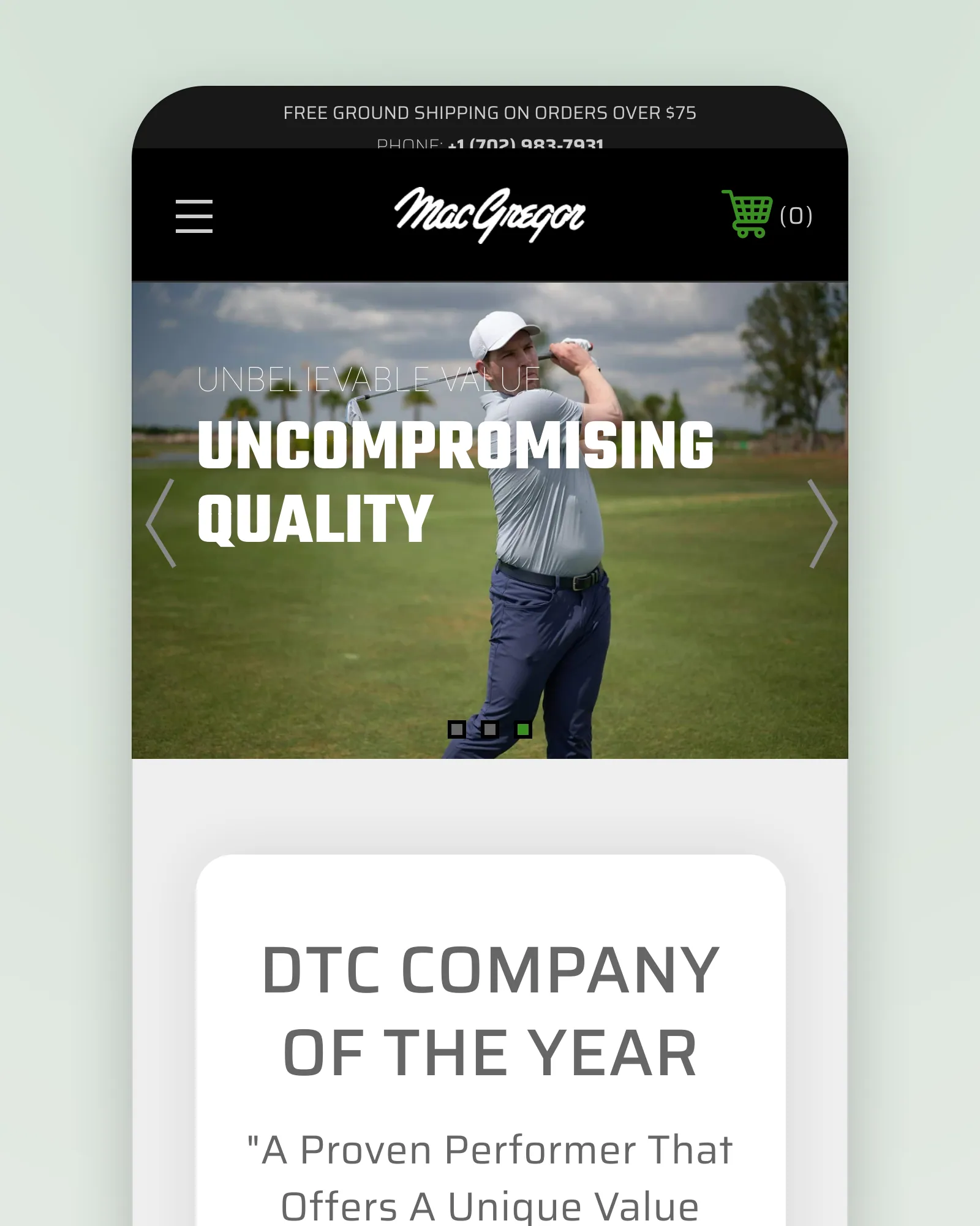 The home page on a phone: the wordmark and a green cart, a golfer mid-swing under "UNCOMPROMISING QUALITY", and the DTC Company of the Year card below
