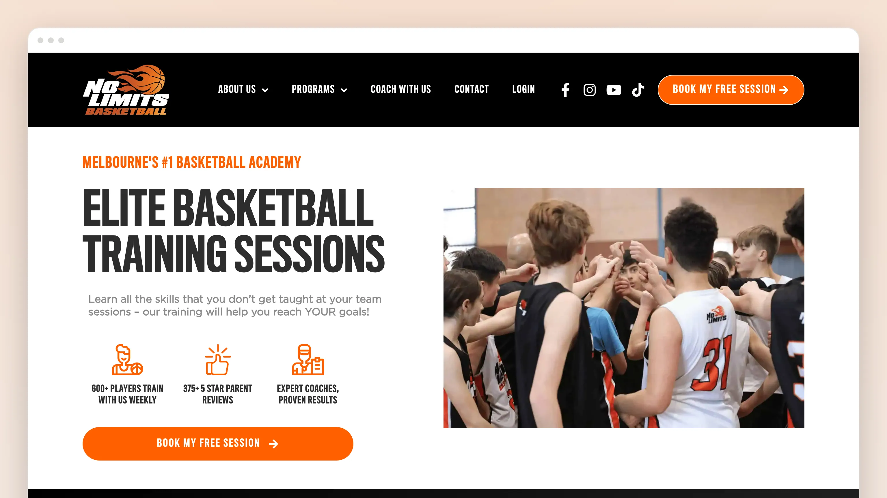 The Basketball Academy page in a browser window: "MELBOURNE’S #1 BASKETBALL ACADEMY — ELITE BASKETBALL TRAINING SESSIONS", three orange icons, a Book My Free Session button