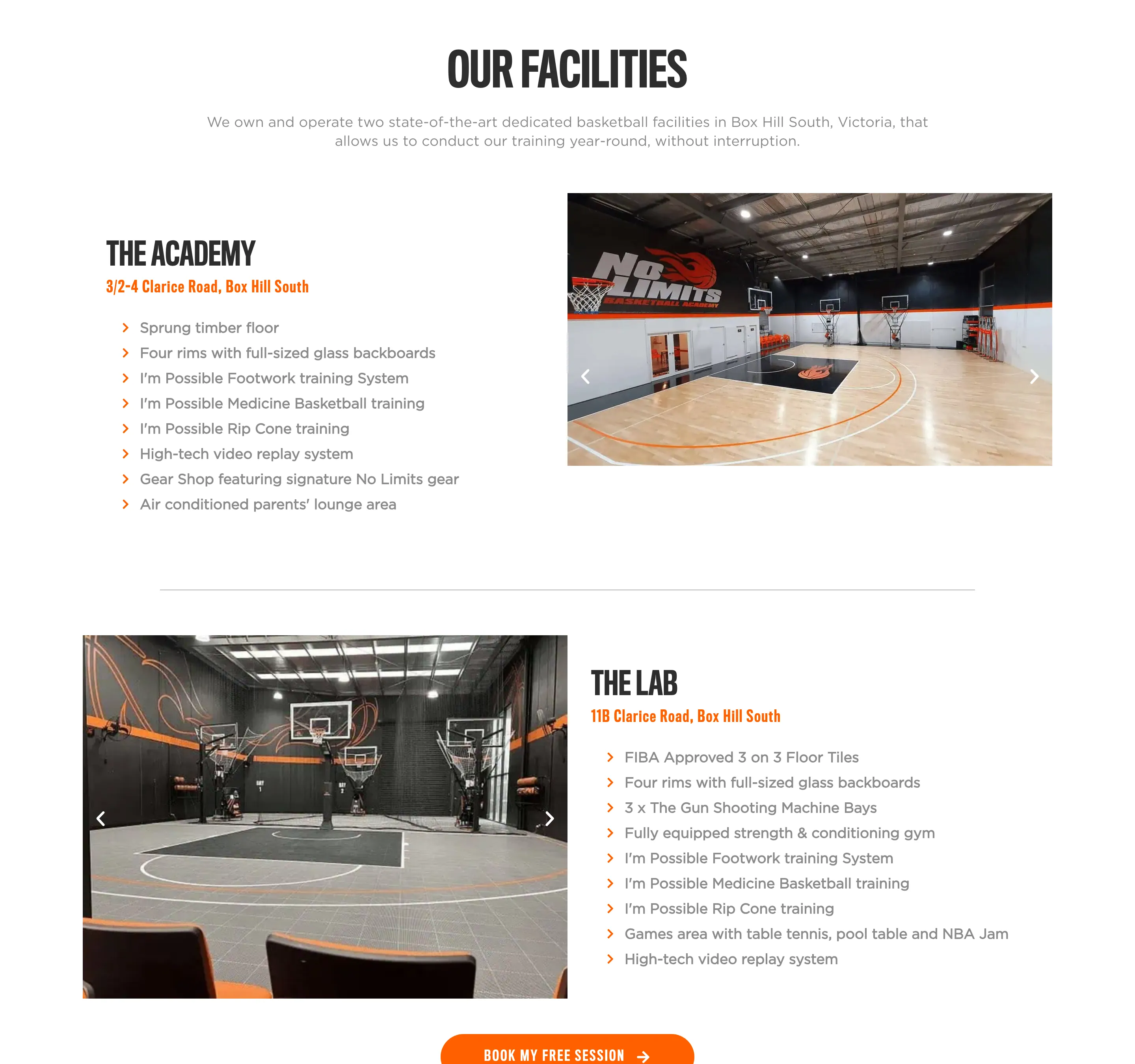"OUR FACILITIES": The Academy at 3/2-4 Clarice Road with a photograph of the timber court and a list — sprung timber floor, four rims, I’m Possible training systems, parents’ lounge