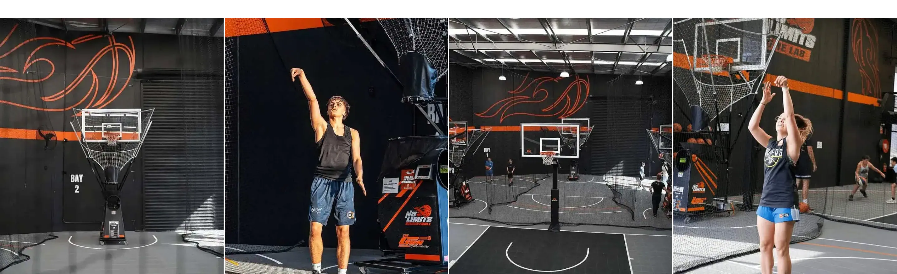 A strip of three photographs of the shooting bays: a player mid-shot in front of a Gun rebounding machine, the black-walled court with orange lines, a second shooter