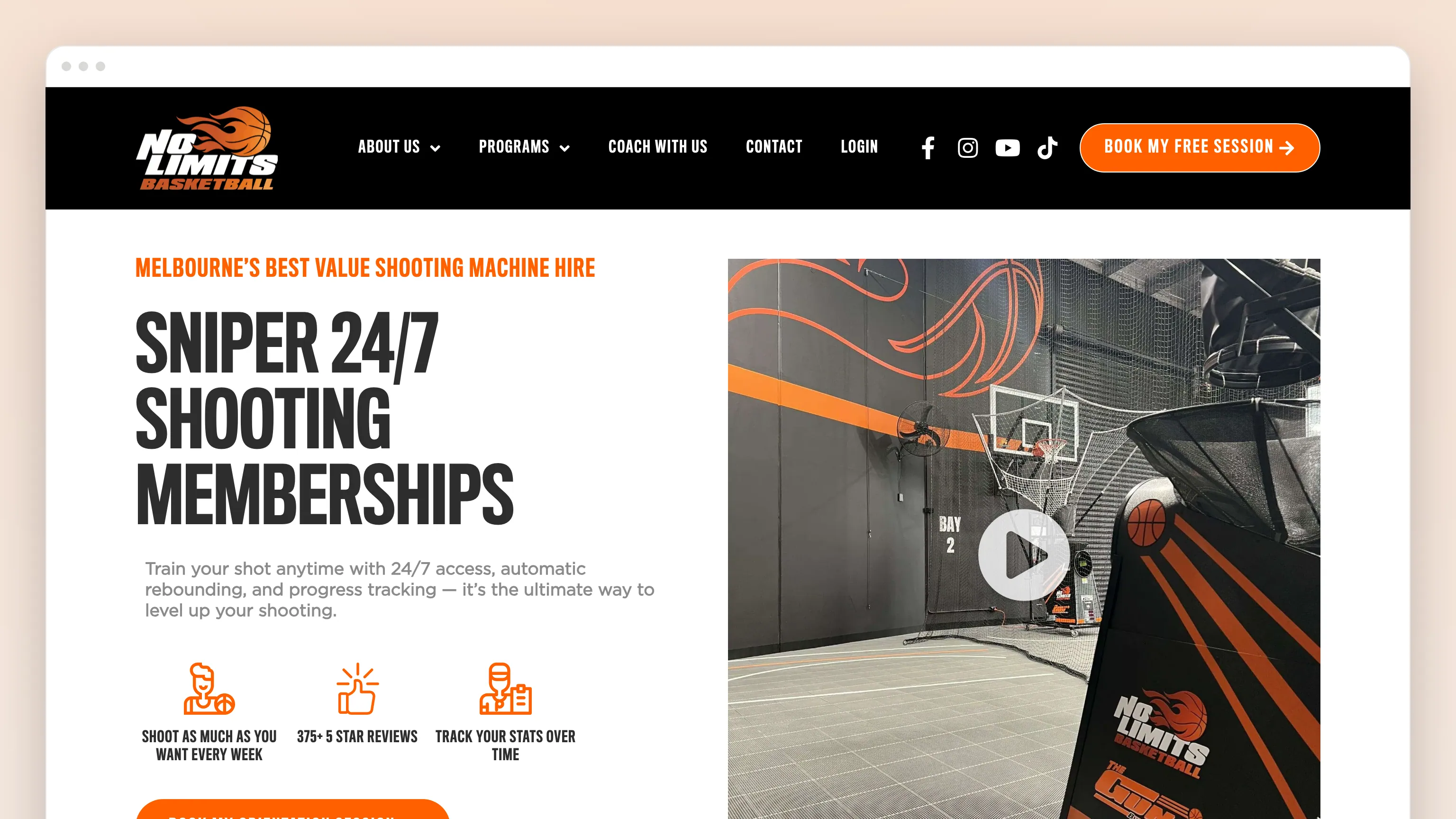 The Sniper 24/7 Shooting Memberships page in a browser window: the headline in condensed caps, "Train your shot anytime with 24/7 access, automatic rebounding, and progress tracking"