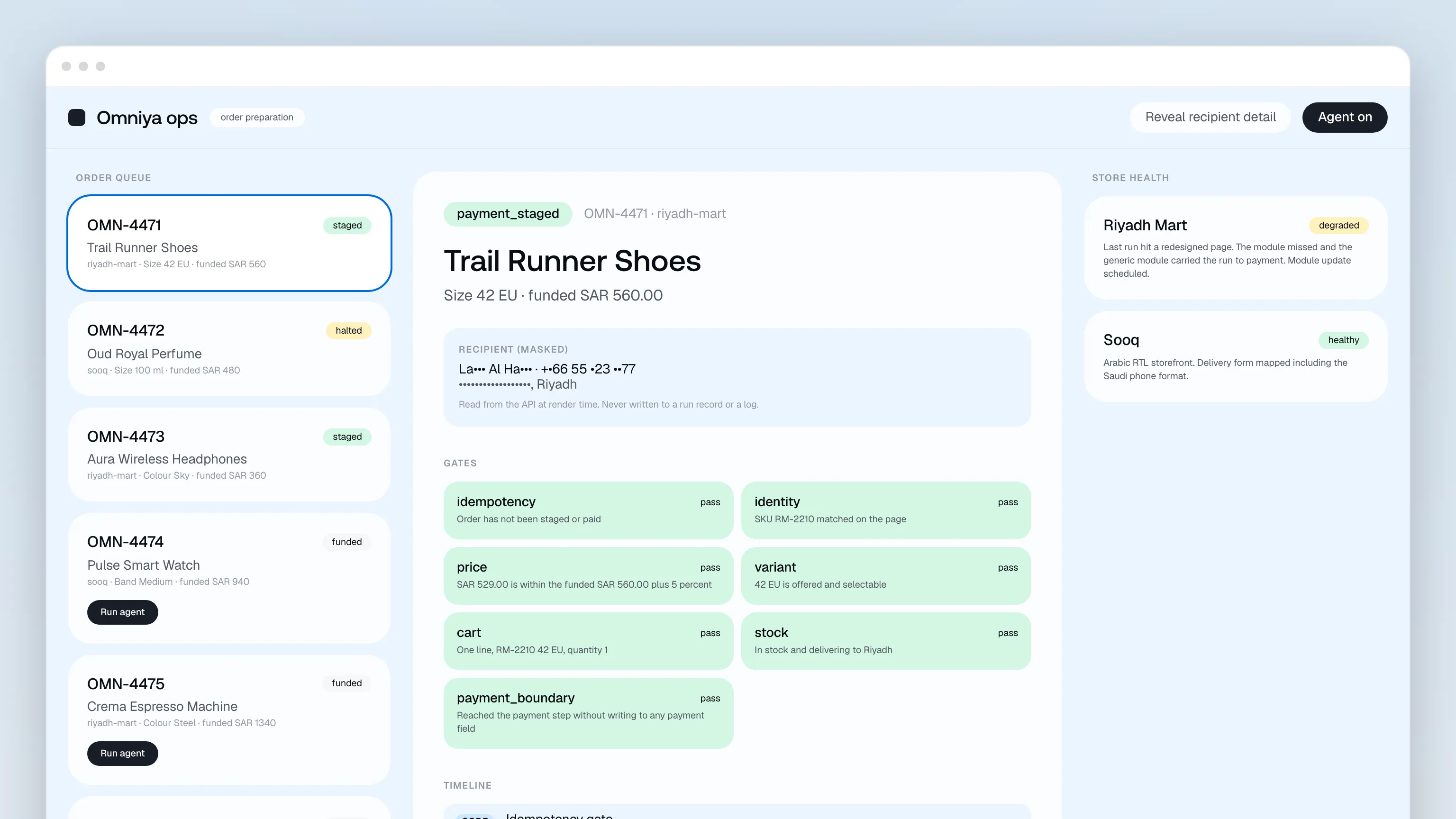 The Omniya ops console on order OMN-4471, Trail Runner Shoes: a masked RECIPIENT panel, seven GATES all reading pass — idempotency, identity, price, variant, cart, stock, payment_boundary