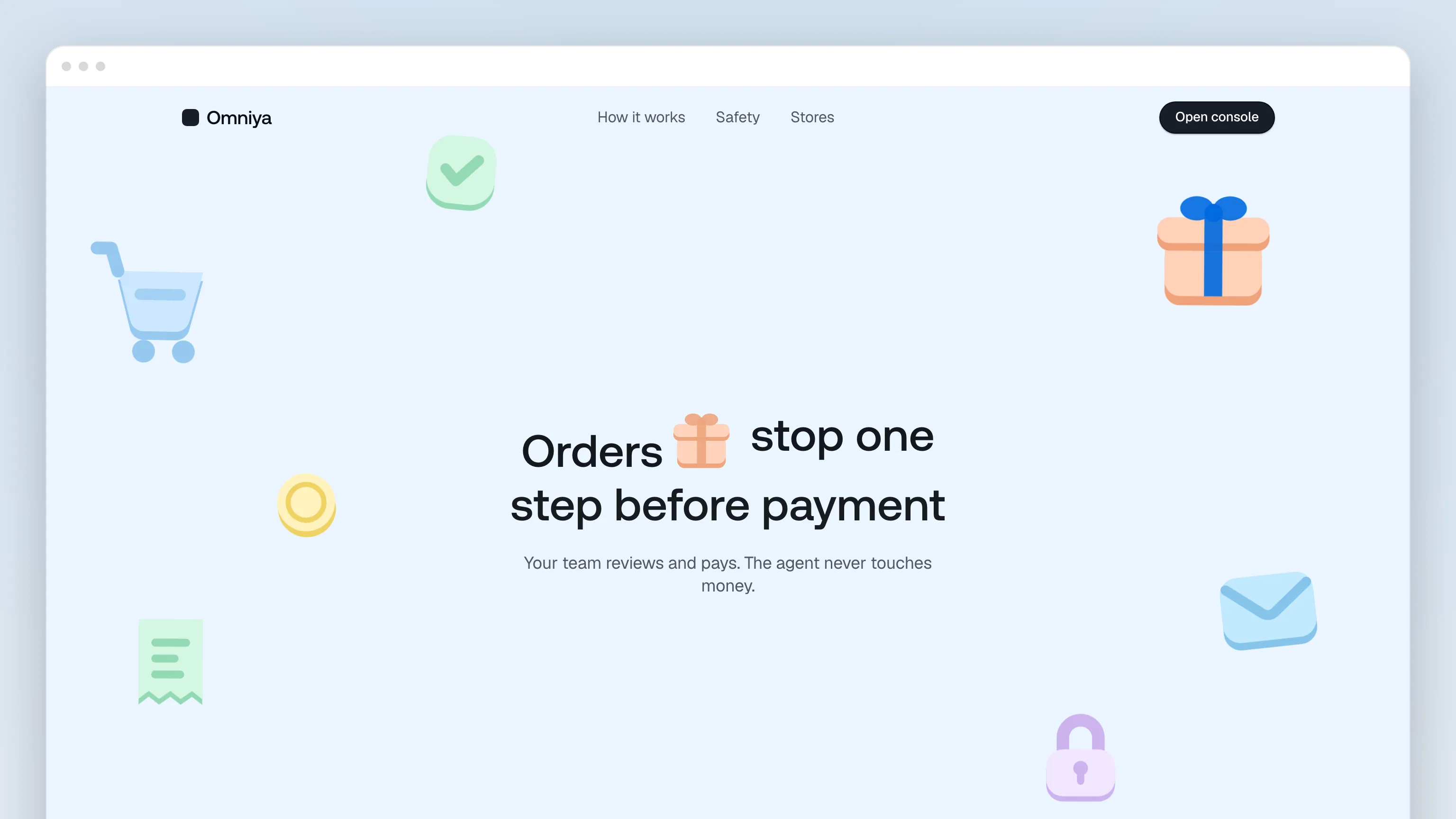 The Omniya home page in a browser window: a nav for Omniya, How it works, Safety, Stores and Open console, the headline "Orders 🎁 stop one step before payment"