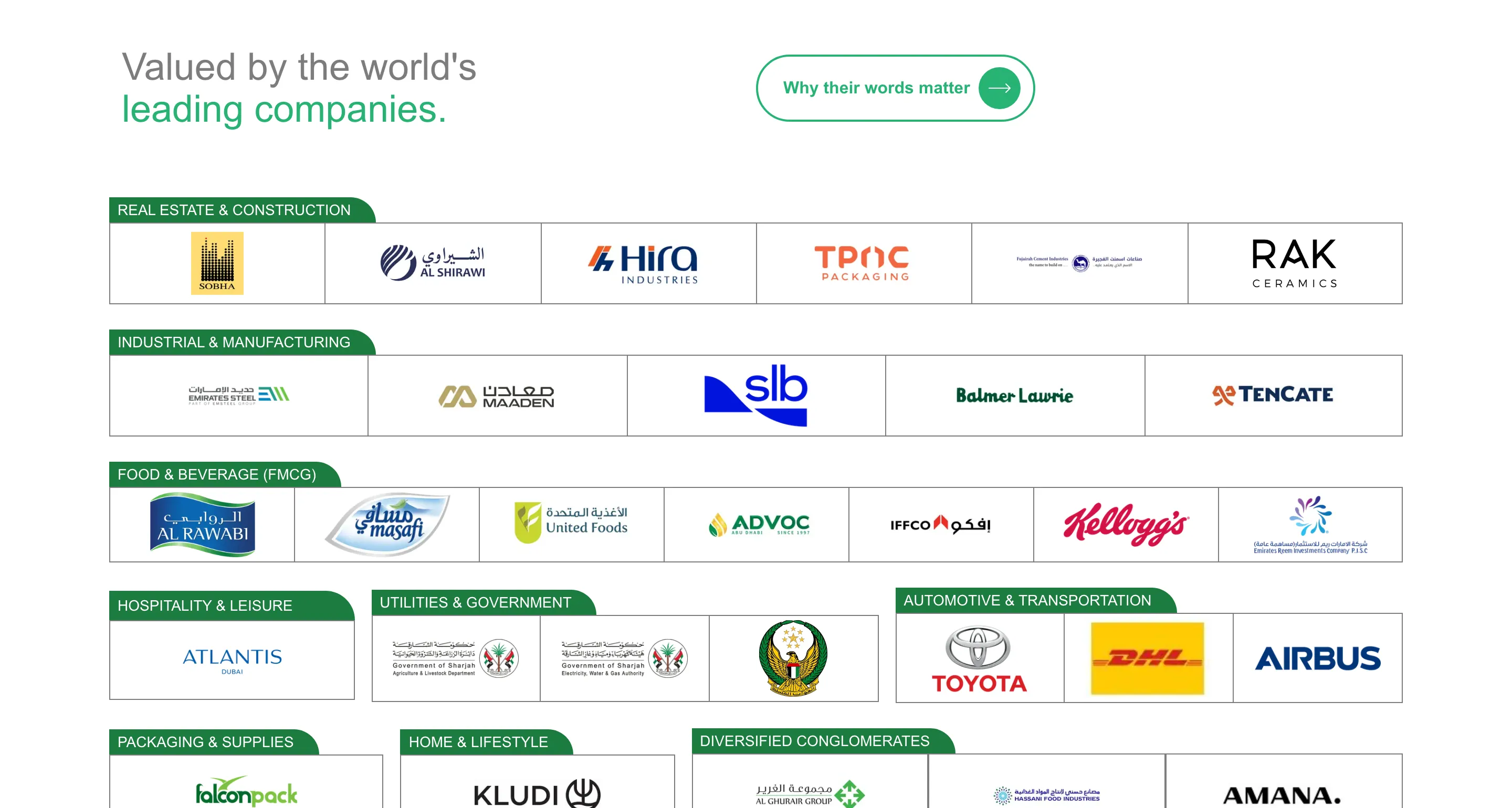 "Valued by the world’s leading companies." — a logo wall grouped by sector: Real Estate & Construction, Industrial & Manufacturing (Emirates Steel, Maaden, SLB), Food & Beverage (Al Rawabi, Kellogg’s)