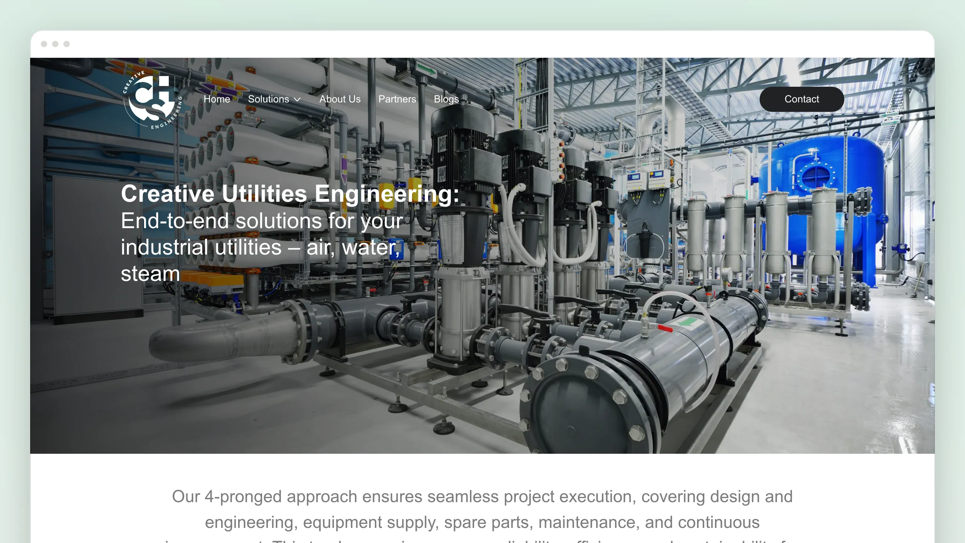 The Creative Utilities Engineering page in a browser window: a photograph of a plant room of blue pumps and steel pipework under the headline "End-to-end solutions for your industrial utilities – air, water, steam"