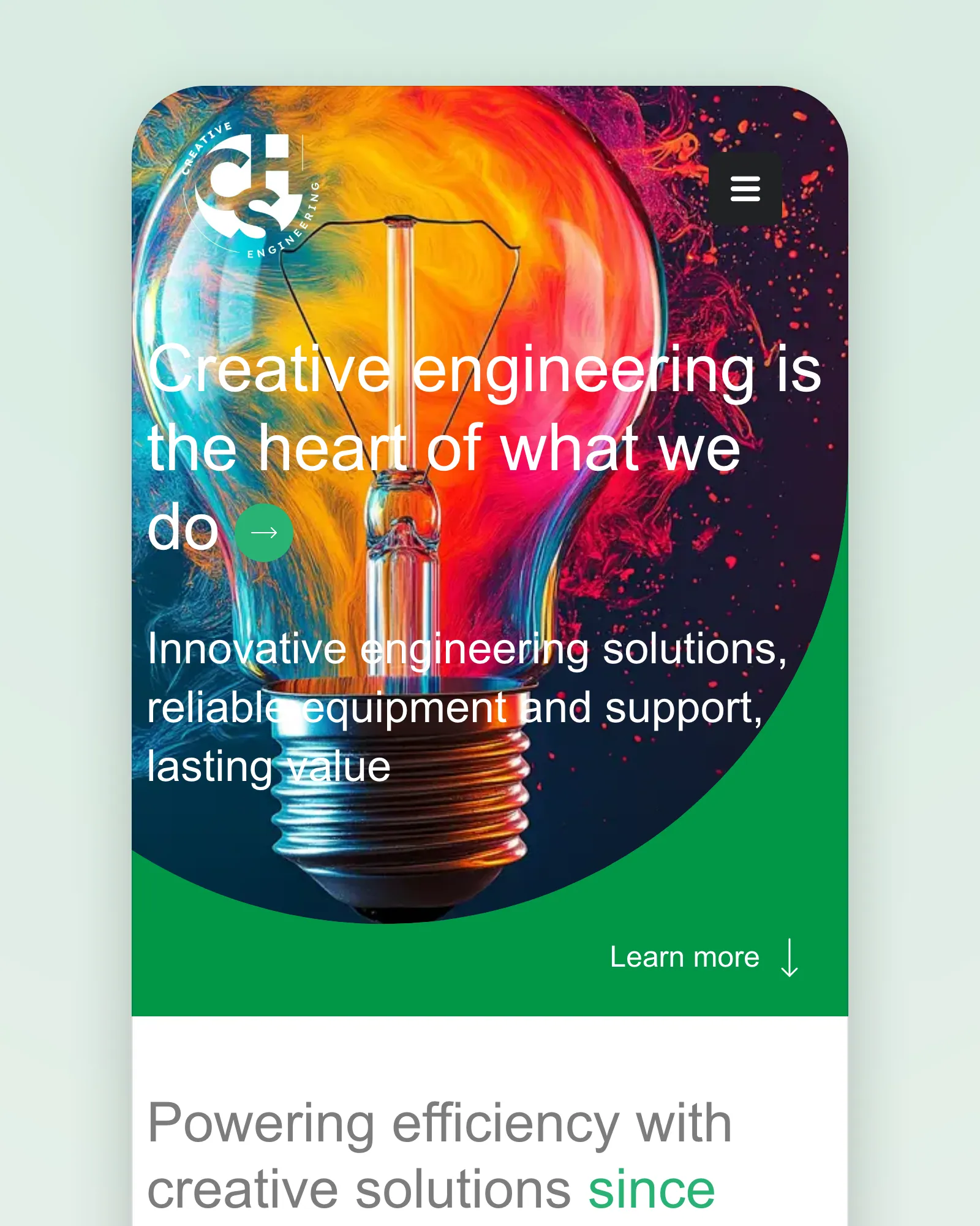 The CHS home page on a phone: a colour-splashed light bulb behind "Creative engineering is the heart of what we do", and "Innovative engineering solutions, reliable equipment and support, lasting value"