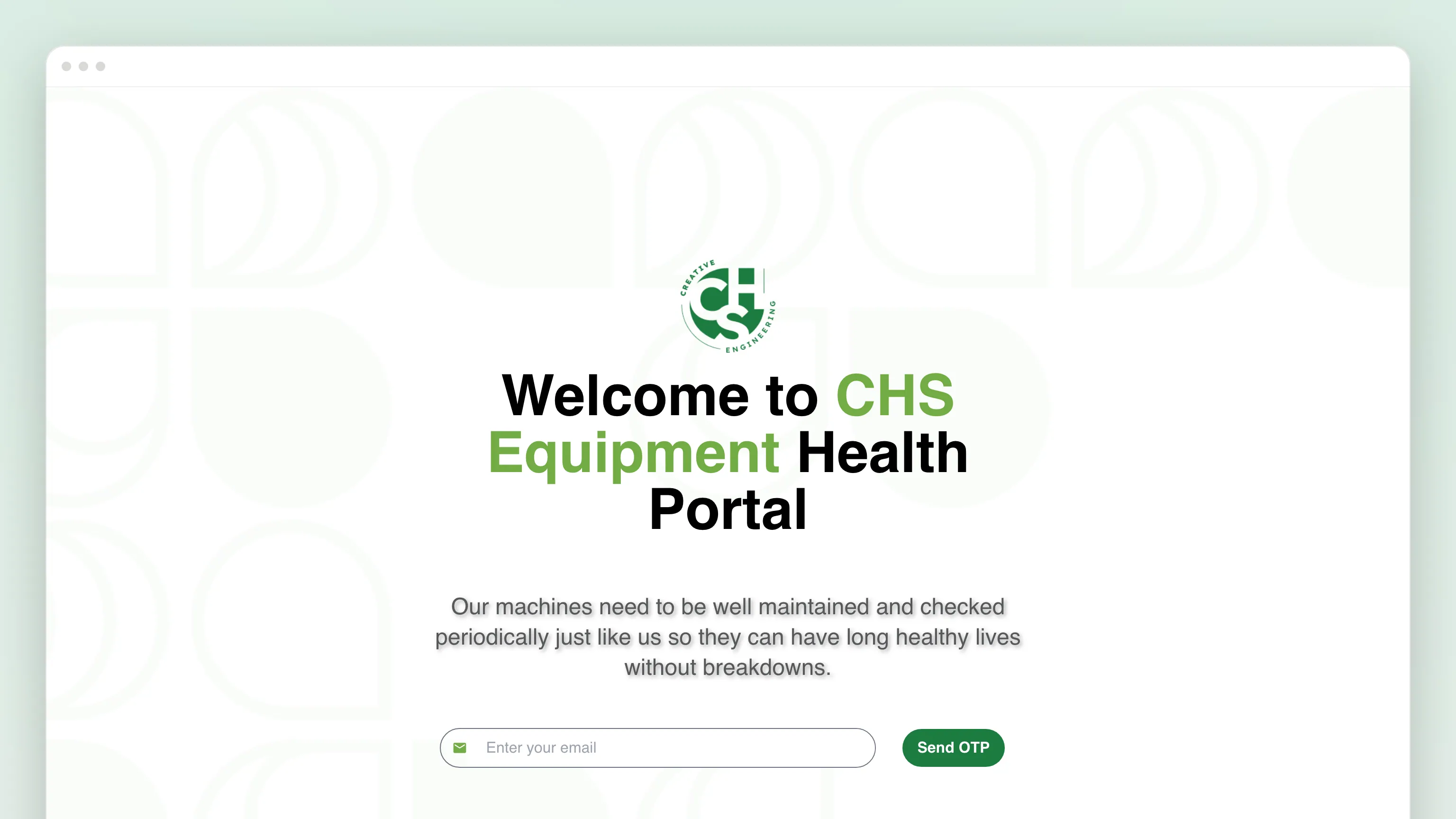 The customer portal’s sign-in in a browser window: the CHS mark over a pale pattern of the logo, "Welcome to CHS Equipment Health Portal"