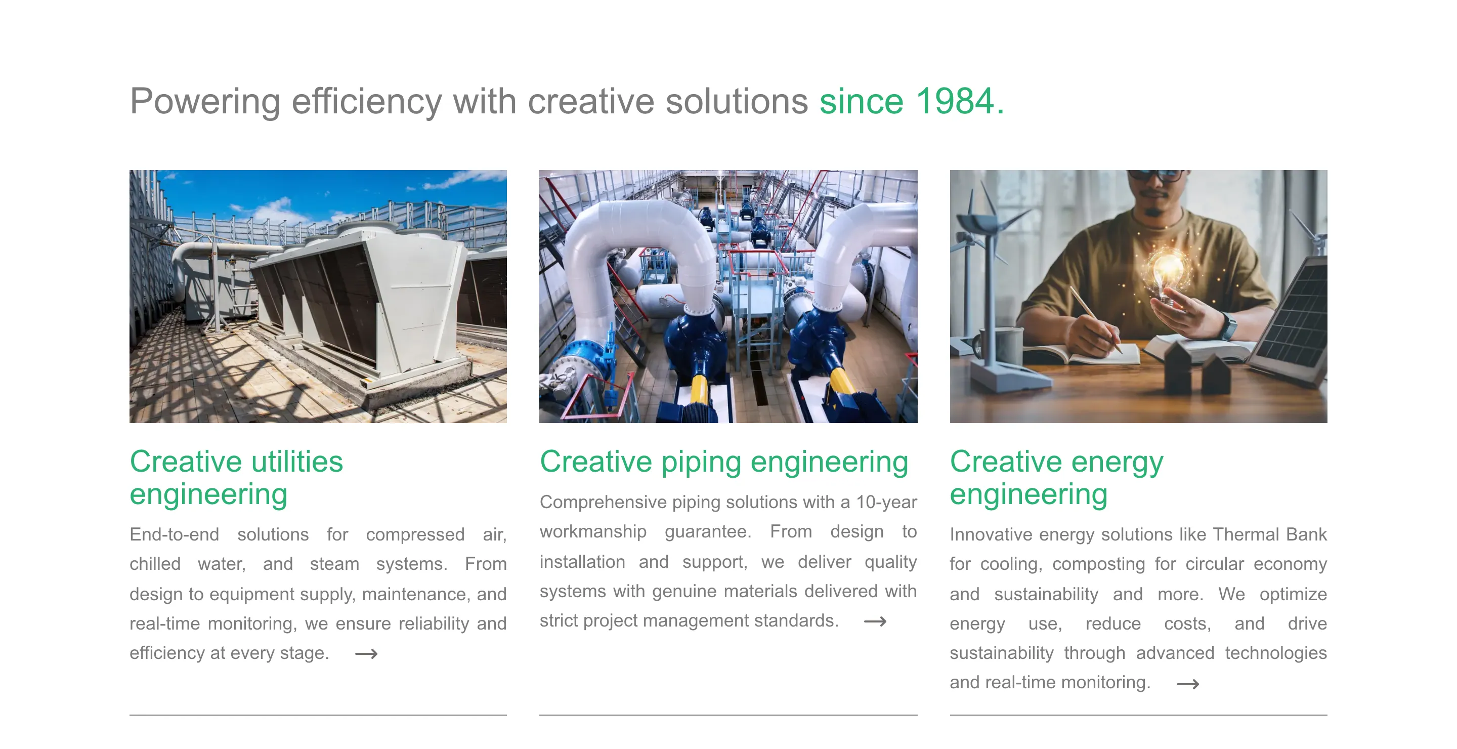 "Powering efficiency with creative solutions since 1984." over three photographs — rooftop chillers, a pipe-fitter at work, an engineer with a lit bulb — for Creative utilities engineering