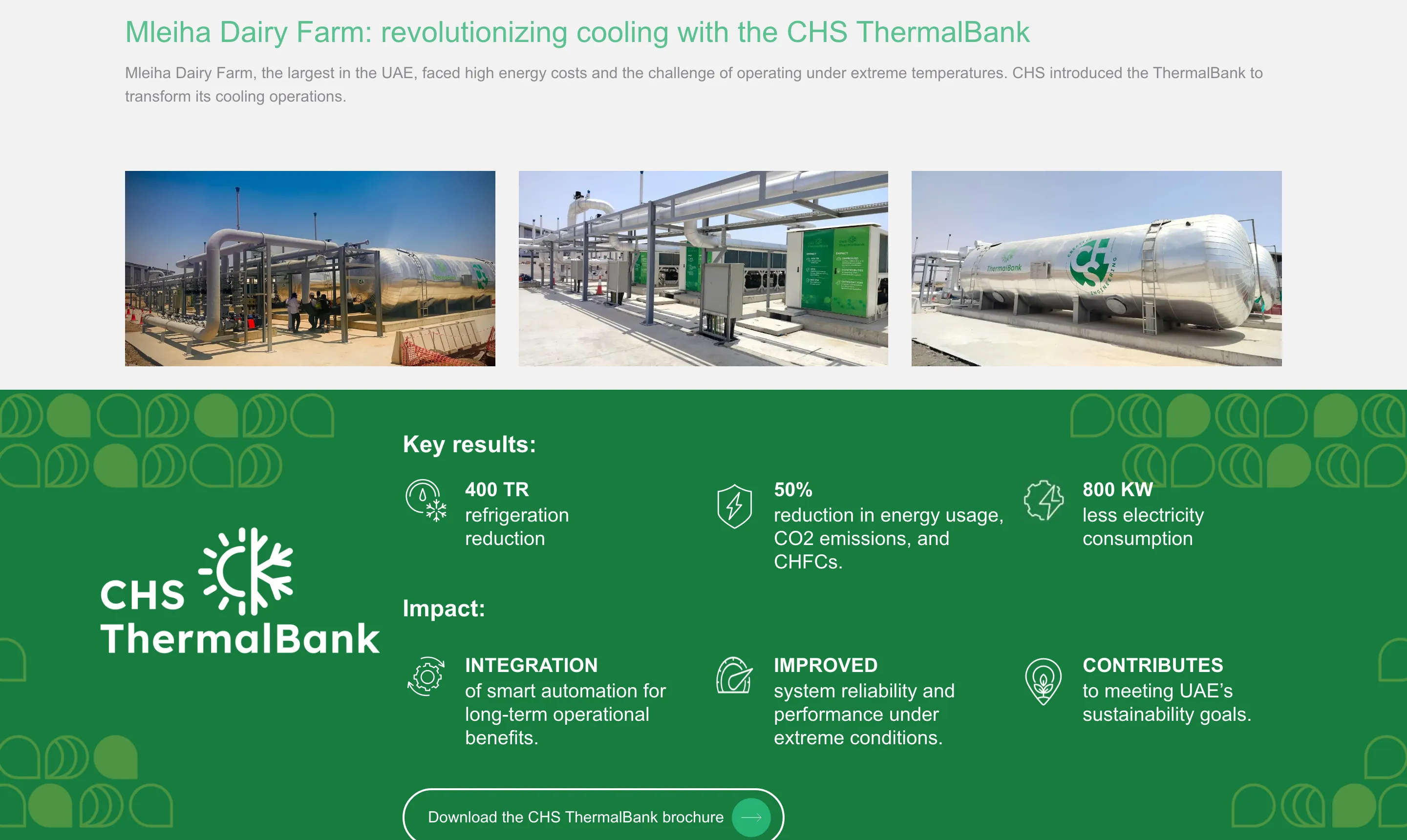 The Mleiha Dairy Farm case on the ThermalBank page: three photographs of the installation, then a green results panel — 400 TR refrigeration reduction, 50% reduction in energy usage
