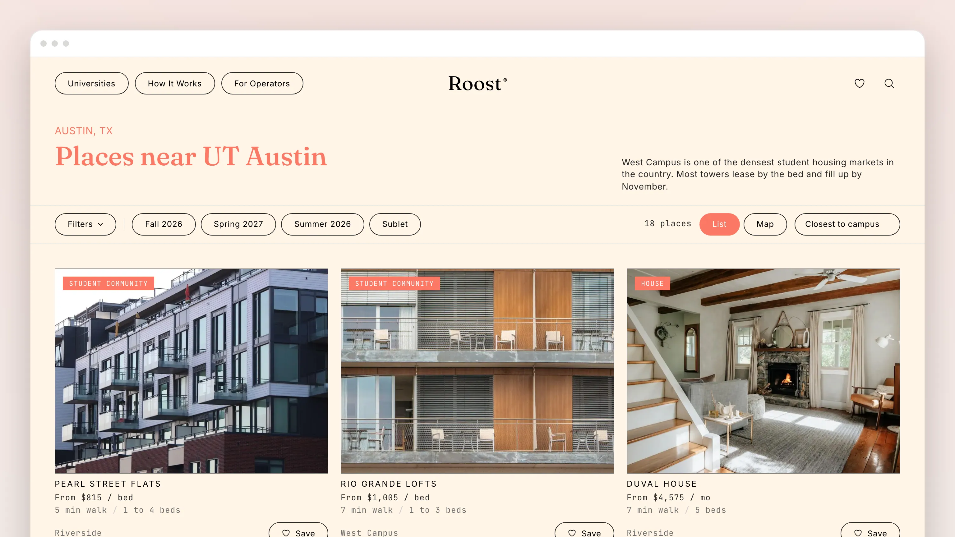 Places near UT Austin in a browser window: filter chips for Filters, Fall 2026, Spring 2027, Summer 2026 and Sublet, an 18-places count beside List and Map toggles, and three listing cards