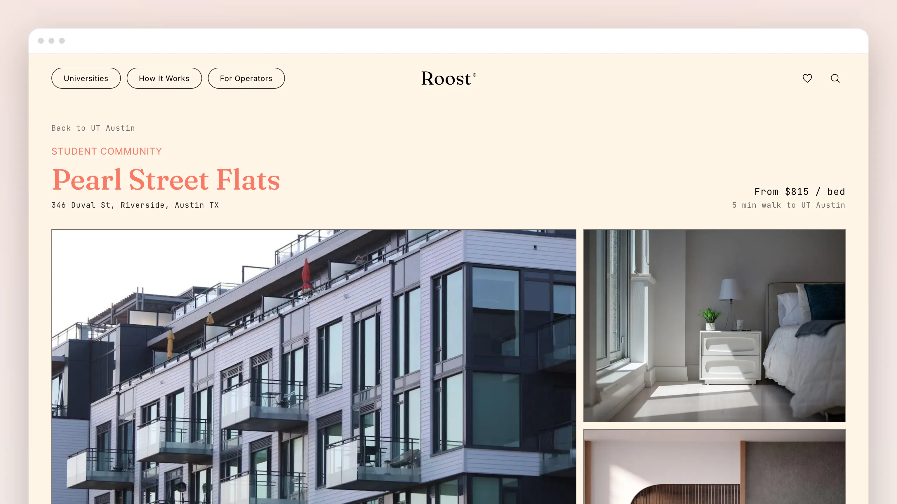 The Pearl Street Flats listing page: the building’s exterior photo beside two interior shots, Student Community, the title and address, "From $815 / bed" and "5 min walk to UT Austin"