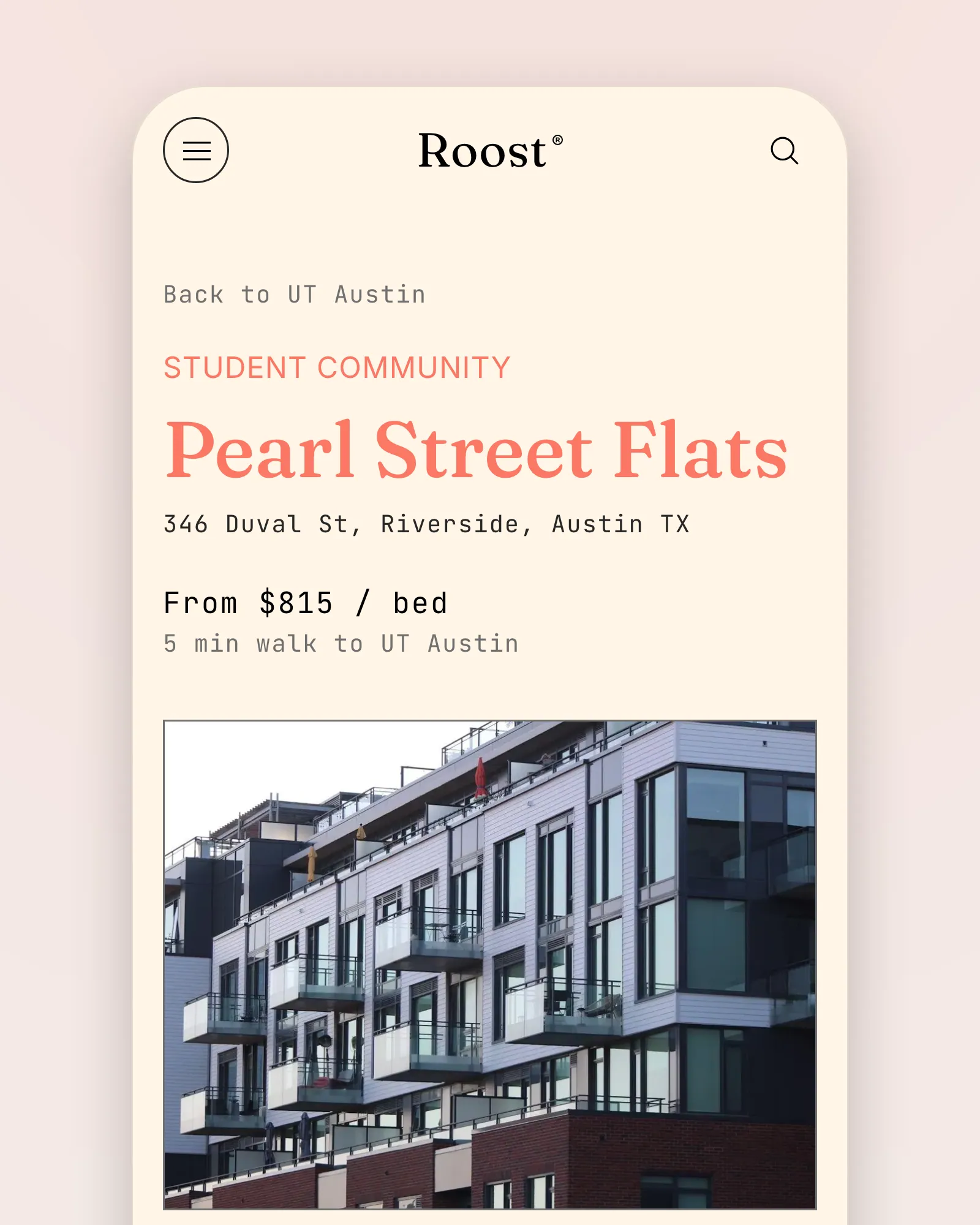 Pearl Street Flats on a phone: "Back to UT Austin", Student Community, the address 346 Duval St, Riverside, Austin TX, "From $815 / bed", "5 min walk to UT Austin", and the building’s exterior photo