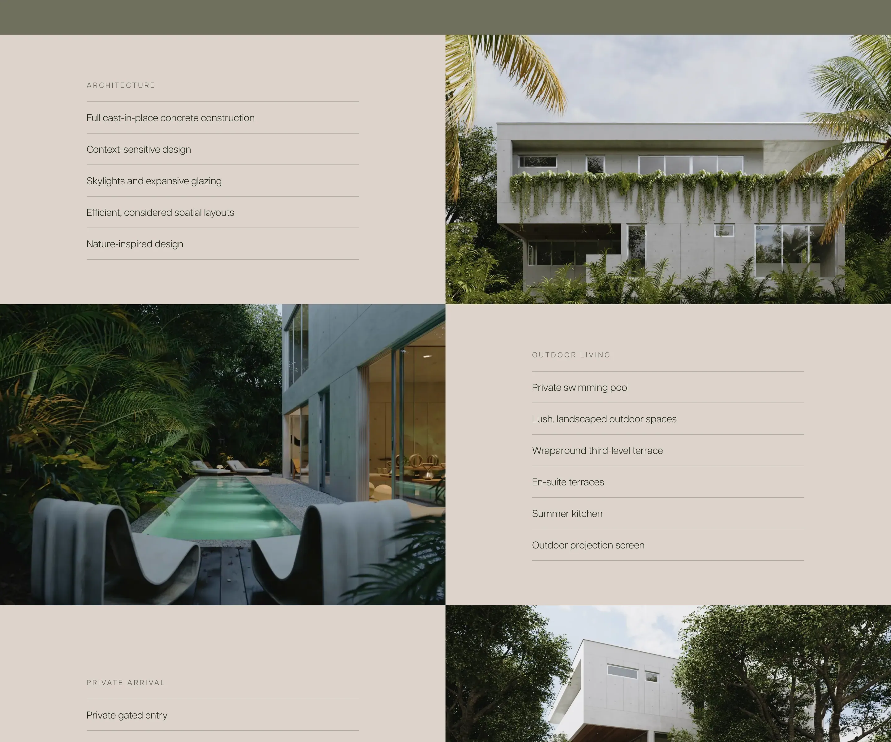 The amenity lists on stone panels — Architecture (full cast-in-place concrete construction, skylights and expansive glazing…), Outdoor Living (private swimming pool, wraparound third-level terrace