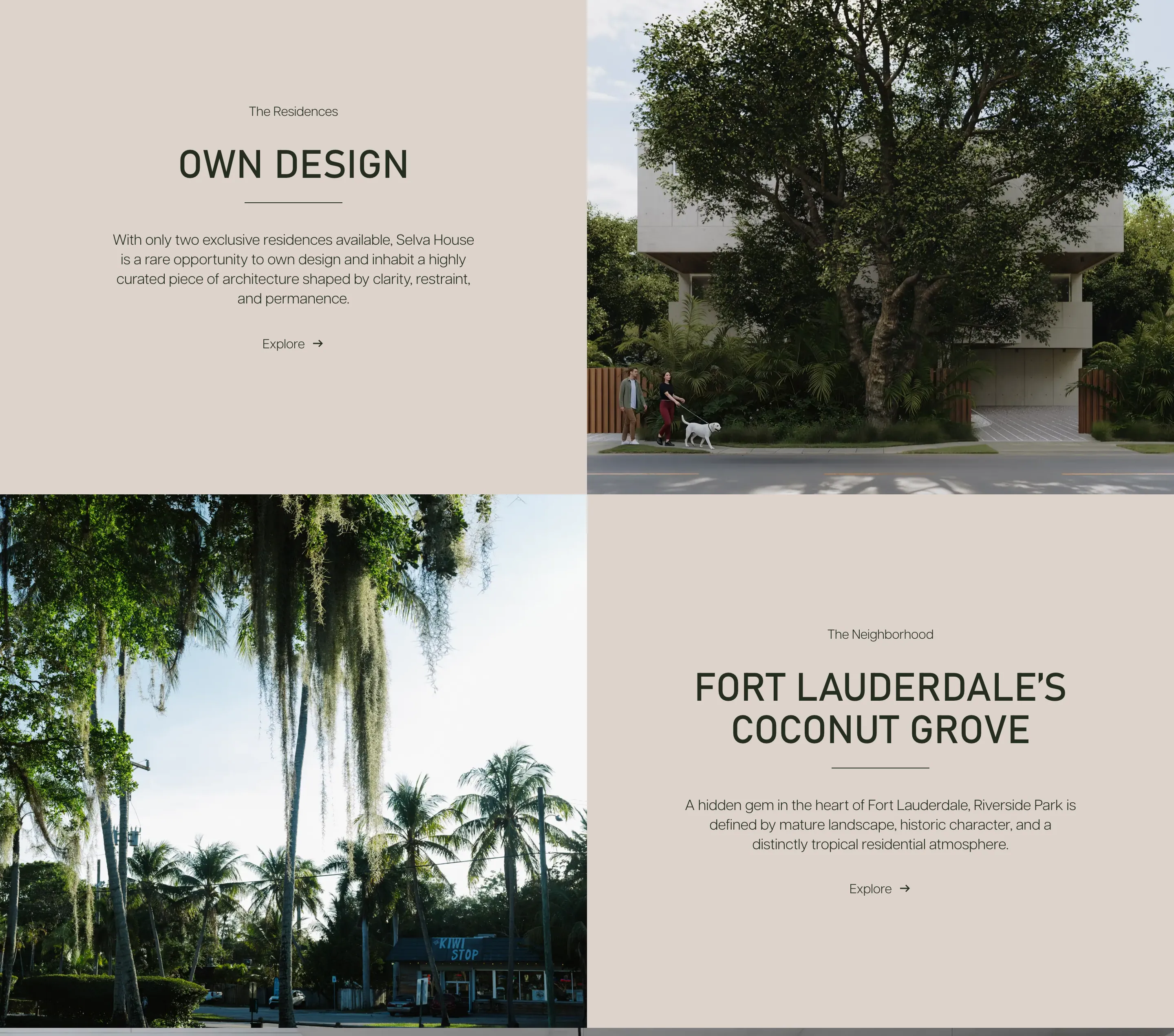 Two stone panels with renders: "OWN DESIGN — The Residences" beside the house among trees, and "FORT LAUDERDALE’S COCONUT GROVE — The Neighborhood" beside a street of palms and hanging moss, each with an Explore link