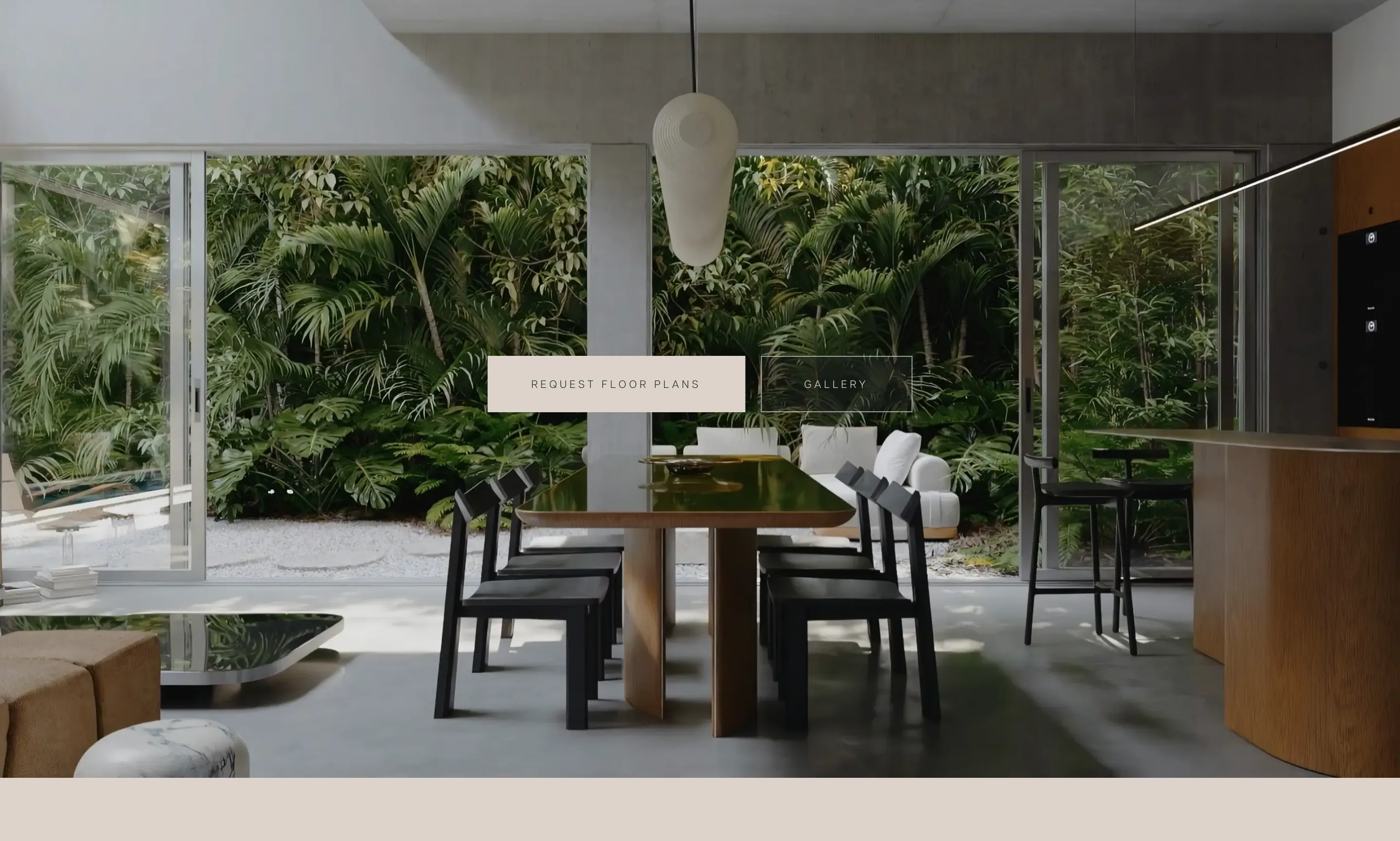 A render of the open dining room — a long timber table, concrete ceiling, glass walls onto the garden — with two small outlined buttons over it, Request Floor Plans and Gallery