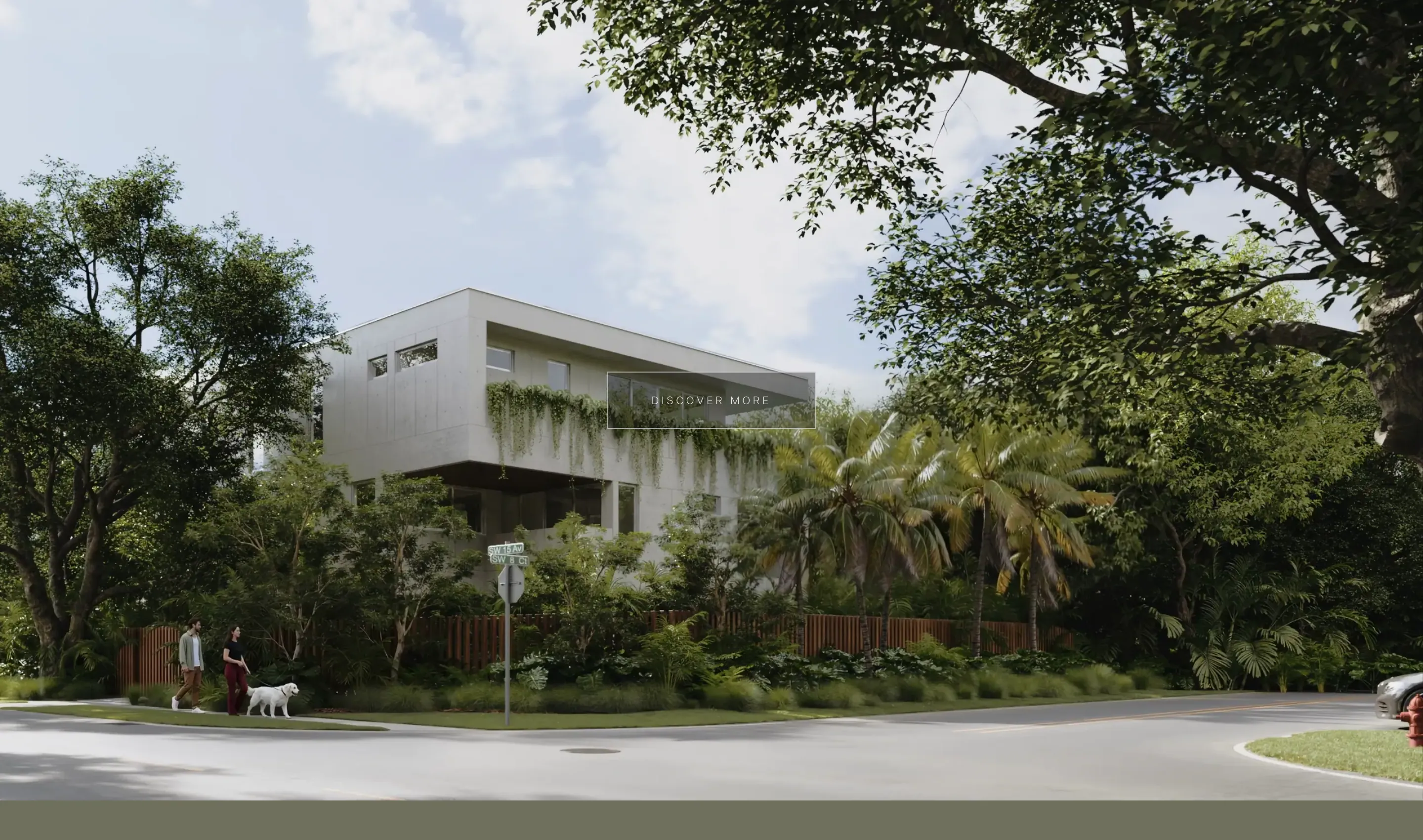 A render of the house from the street: two storeys of white concrete with deep overhangs and planted terraces, behind a screen of palms and a mature tree, a figure walking a dog on the pavement