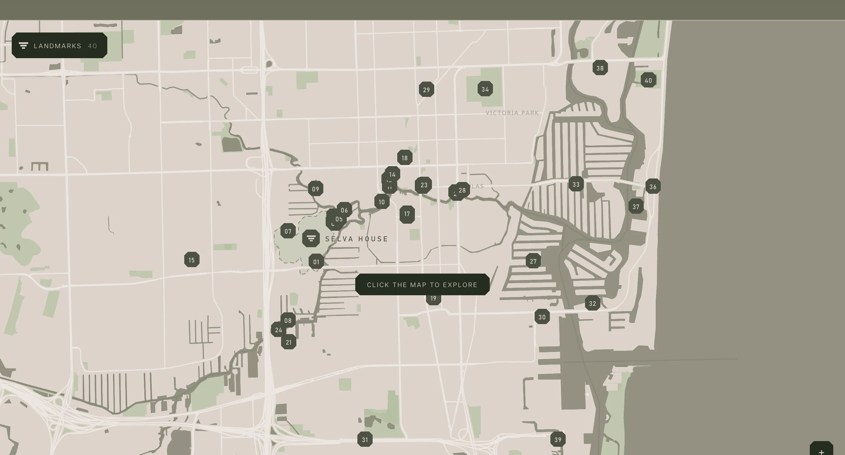 An interactive map of Fort Lauderdale in olive and stone, Selva House marked at the centre, landmark pins along the river and the beach, a Landmarks toggle and "Click the map to explore"