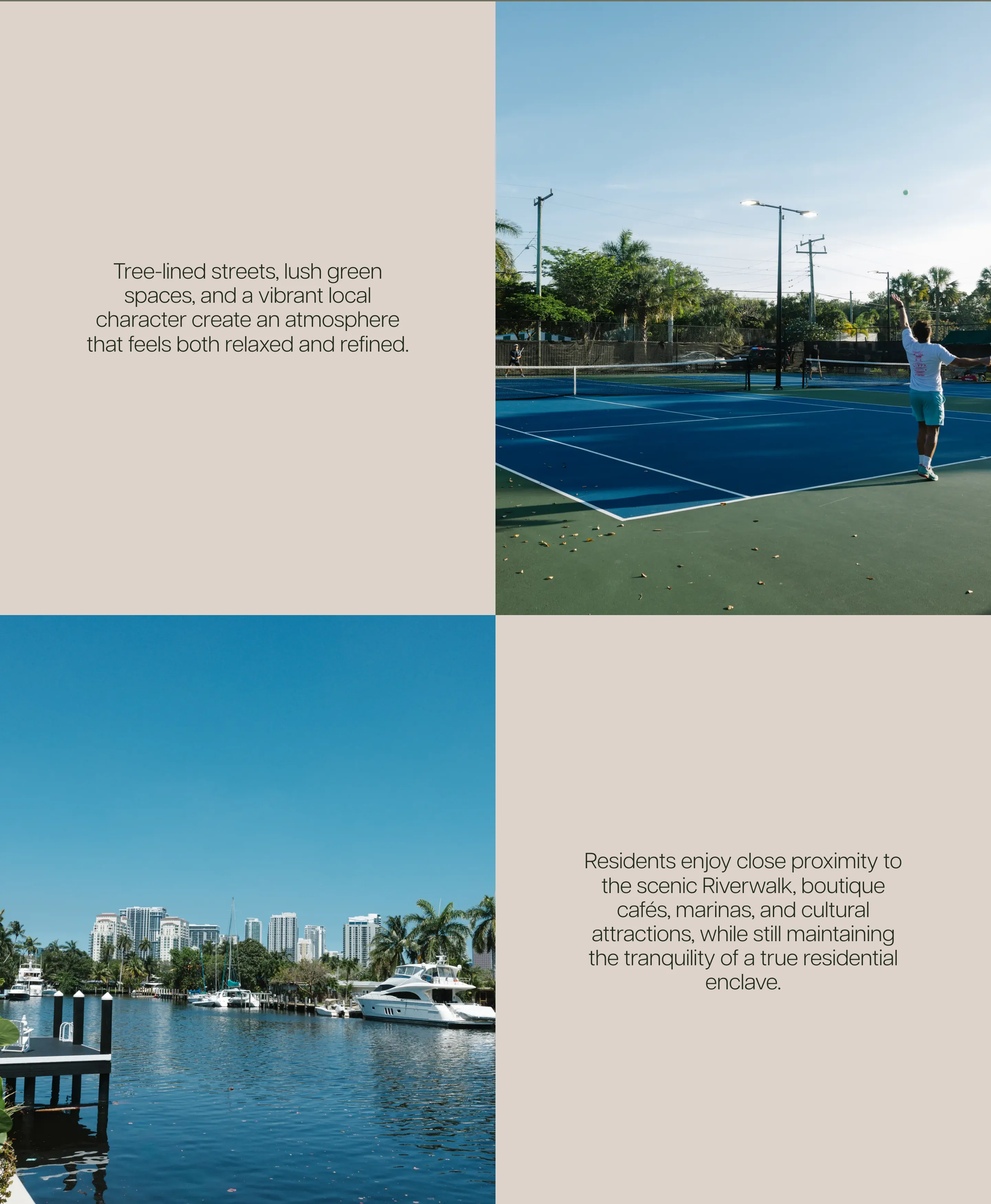 The Neighborhood page checkerboard: "Tree-lined streets, lush green spaces…" beside a tennis court