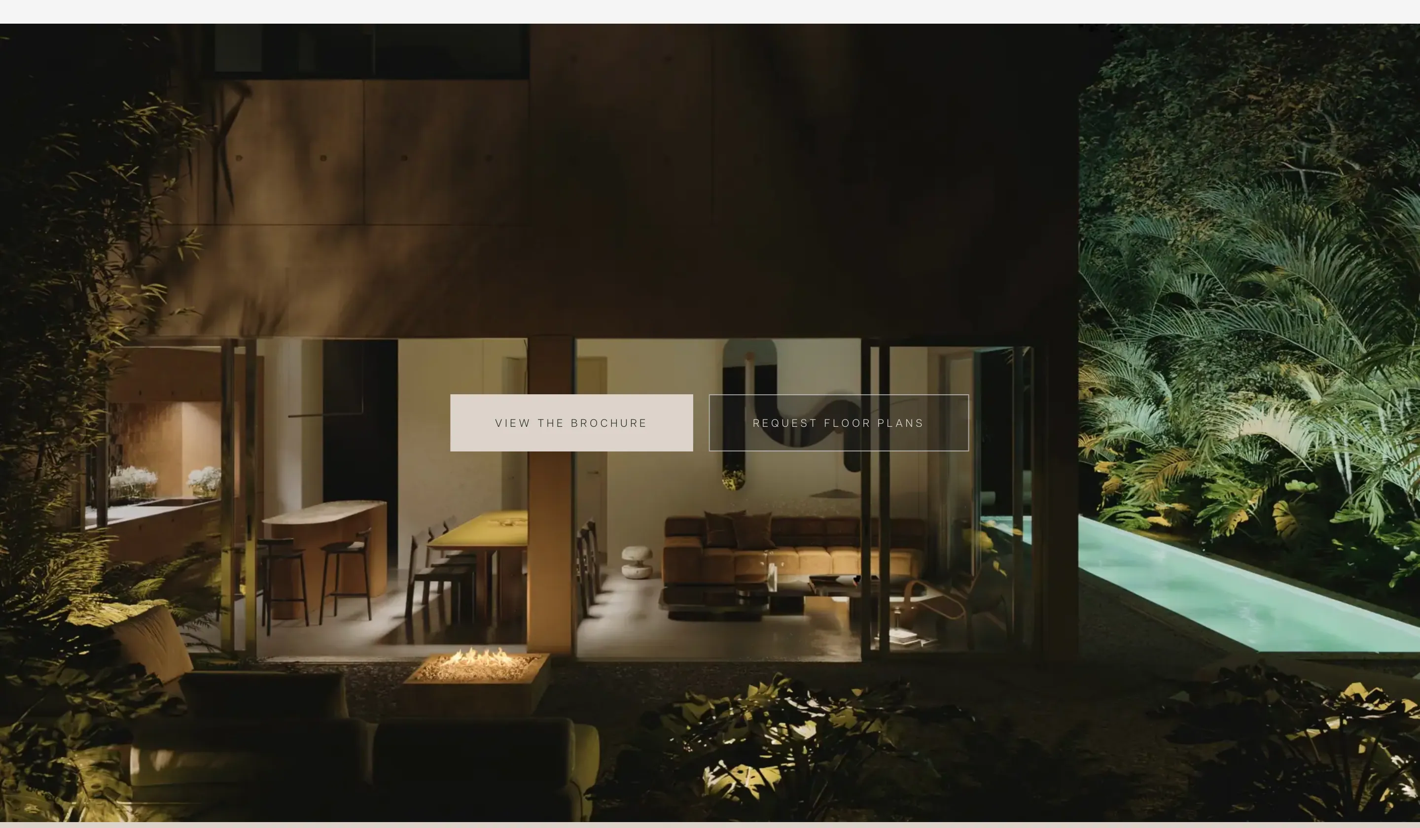 A night render of the house from the garden — the lit interior seen through full-height glass, the pool glowing, planting in silhouette — with two buttons, View the Brochure and Request Floor Plans