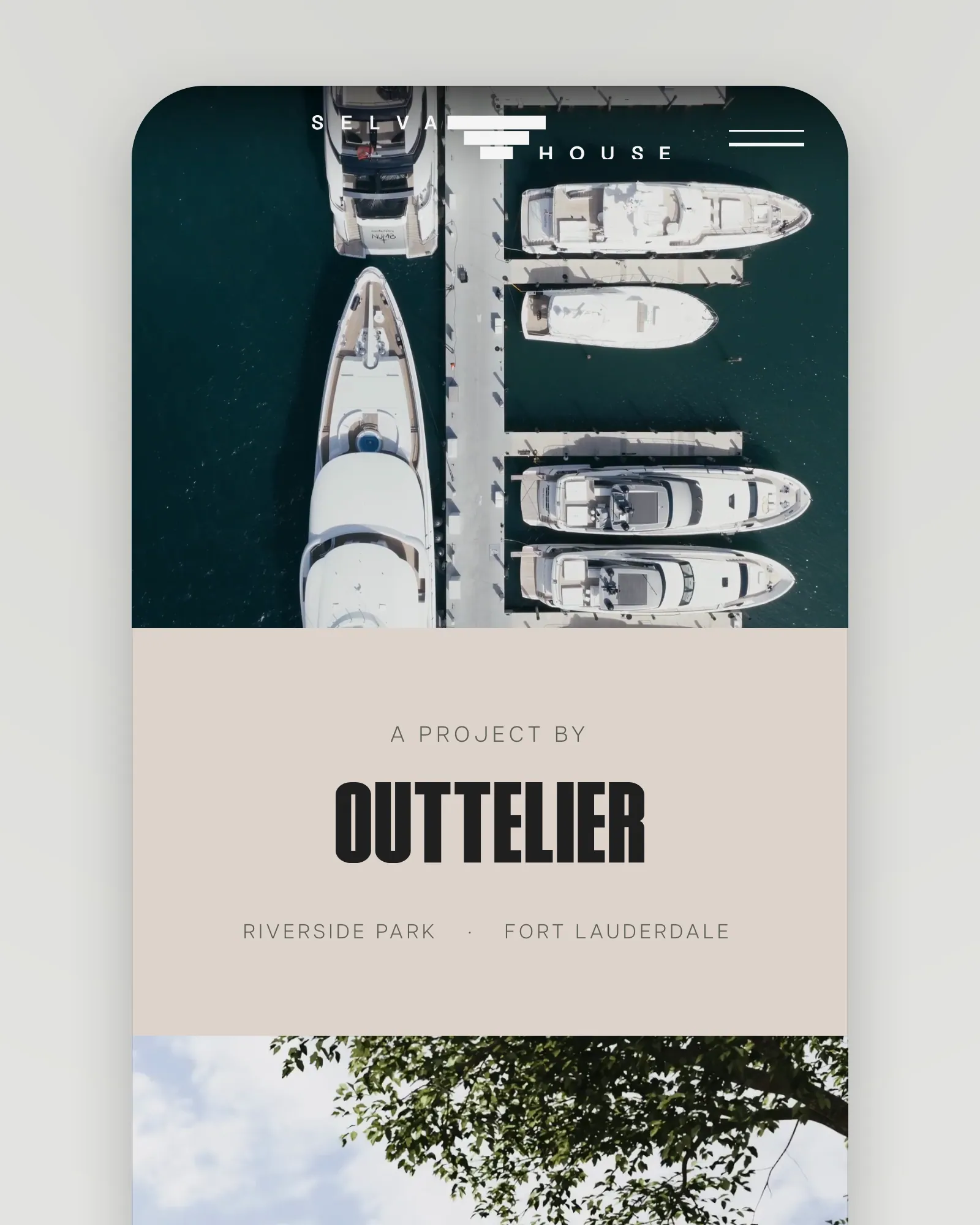 The home page on a phone: the aerial of the yachts, then "A PROJECT BY OUTTELIER — Riverside Park · Fort Lauderdale" on stone, then the canopy of a tree