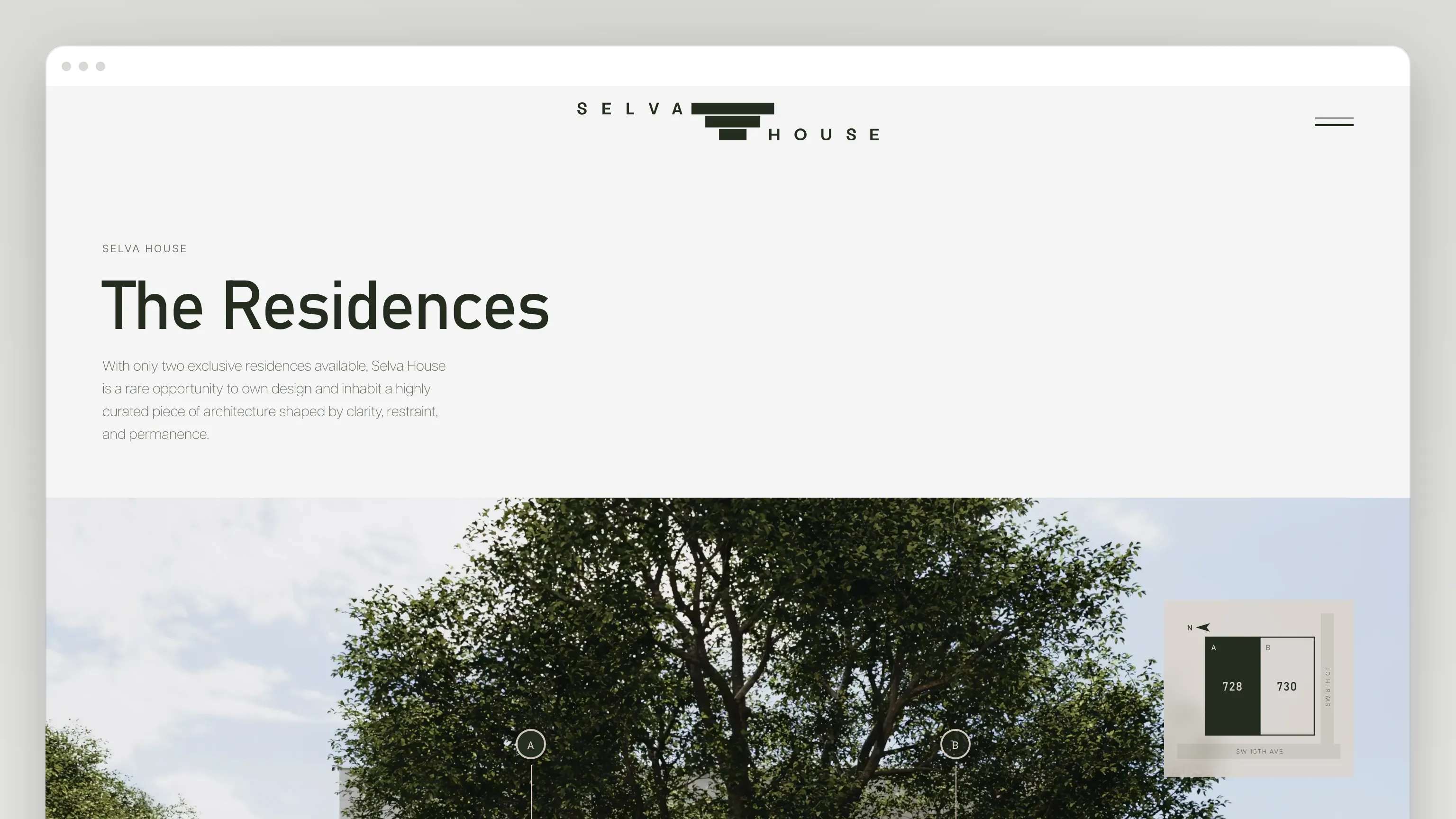 The Residences page in a browser window: "SELVA HOUSE — The Residences" and a paragraph, then a render of the house behind a tree with two markers, A and B, and a small site plan showing lots 728 and 730