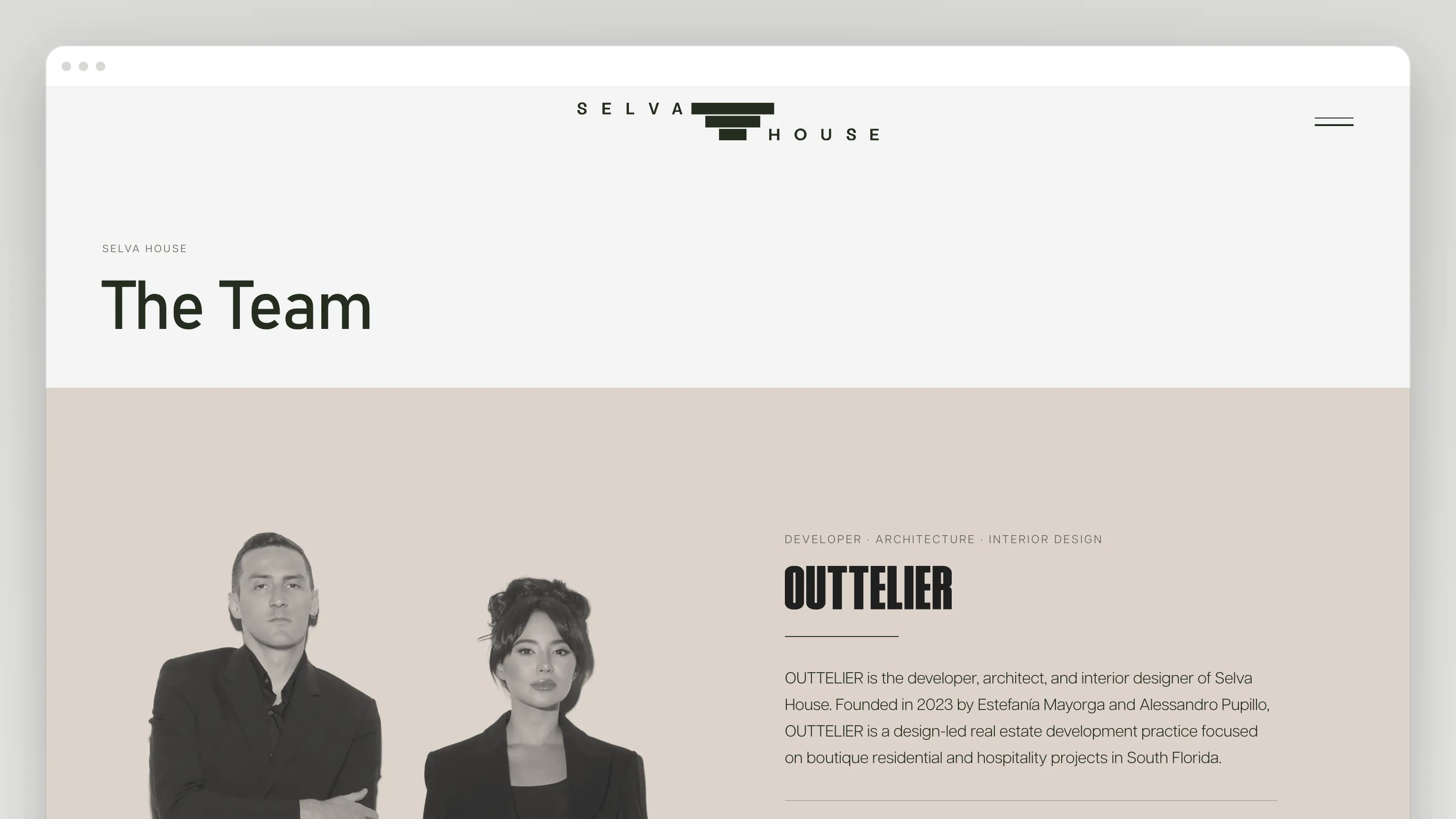 The Team page in a browser window: "SELVA HOUSE — The Team", then a portrait of two people in black beside "DEVELOPER · ARCHITECTURE · INTERIOR DESIGN — OUTTELIER" and a paragraph on the practice