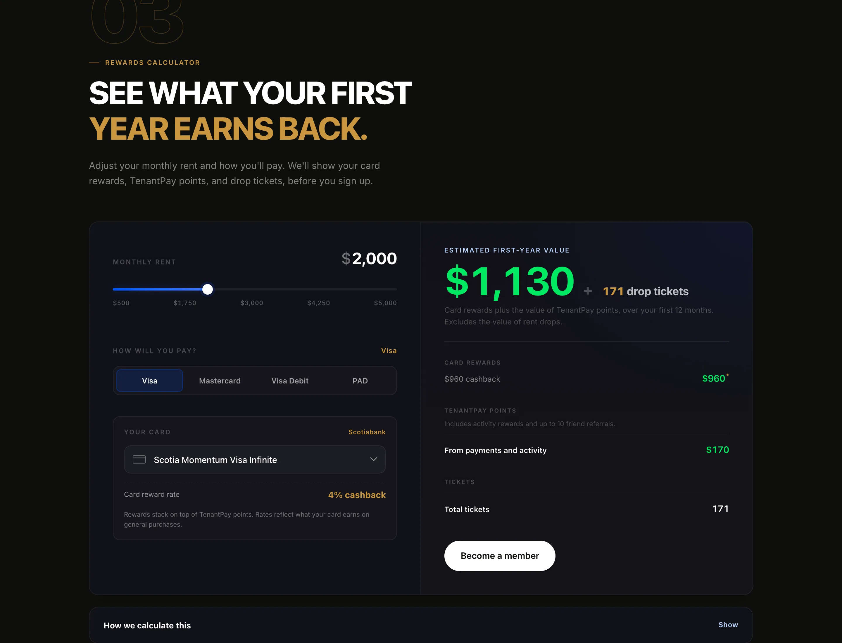 "SEE WHAT YOUR FIRST YEAR EARNS BACK." — a rewards calculator: monthly rent slider at $2,000, payment method tabs (Visa, Mastercard, Visa Debit, PAD), a card picker
