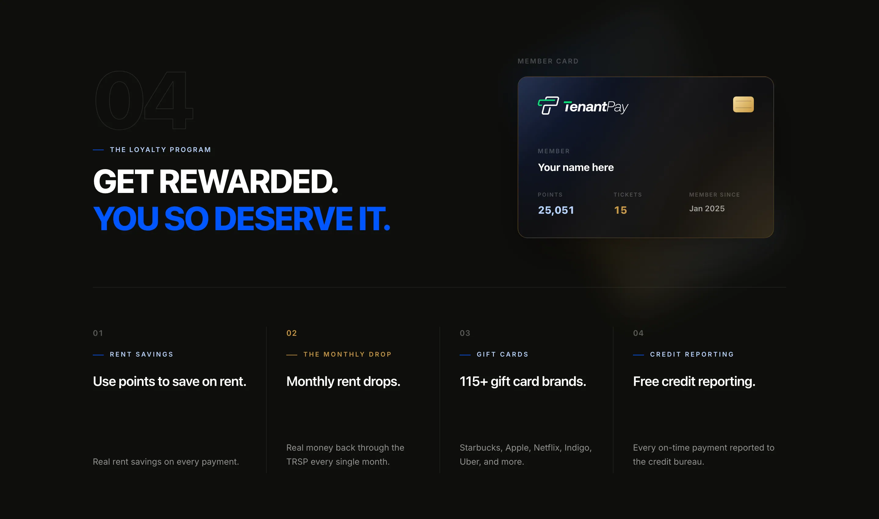 "GET REWARDED. YOU SO DESERVE IT." beside the member card — TenantPay wordmark, a gold chip, "Your name here", 25,051 points, 15 tickets, member since Jan 2025 — and four points: rent savings