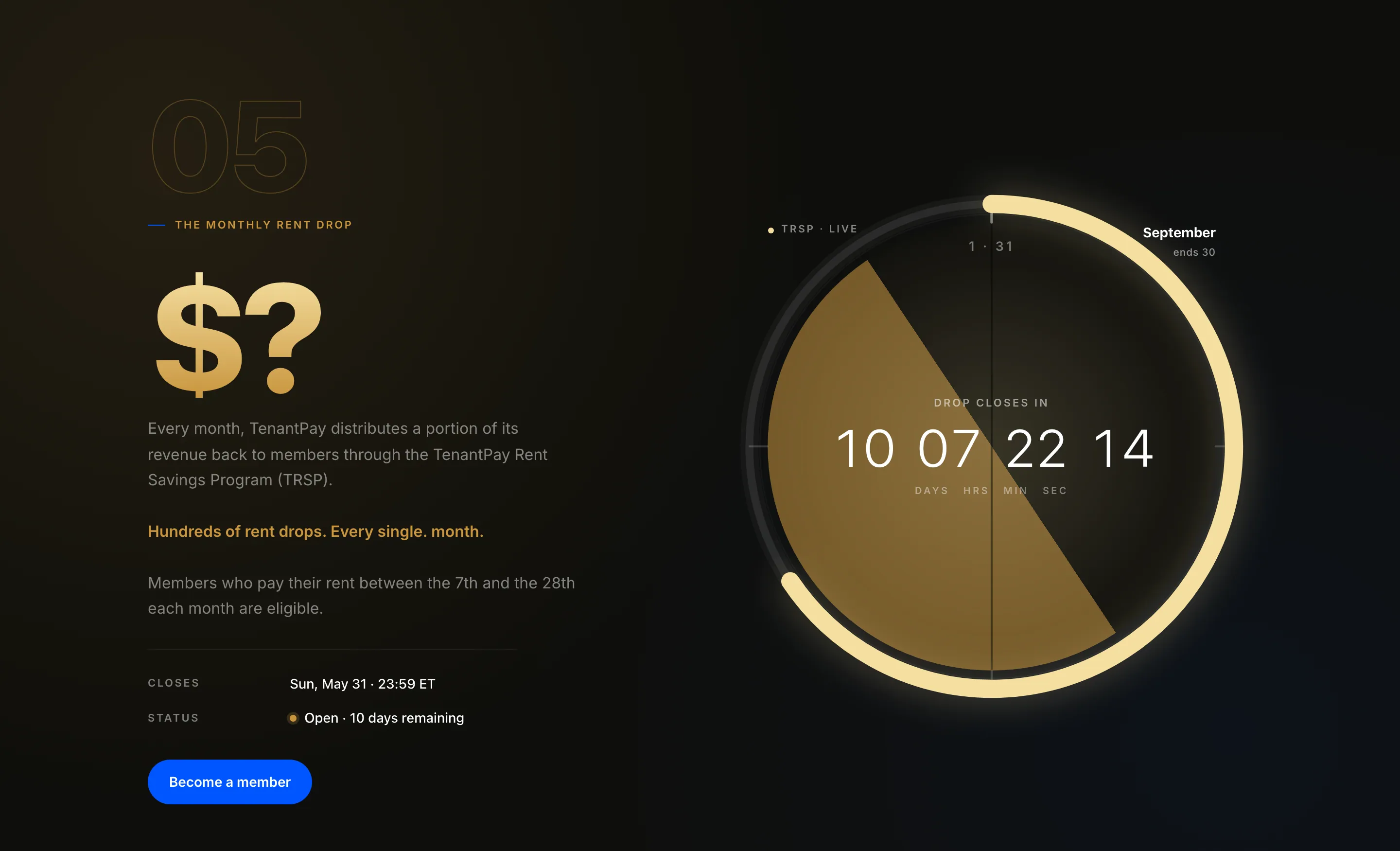"THE MONTHLY RENT DROP": a large gold "$?", copy on the TenantPay Rent Savings Program, and a gold ring countdown — "DROP CLOSES IN 10 07 22 14"