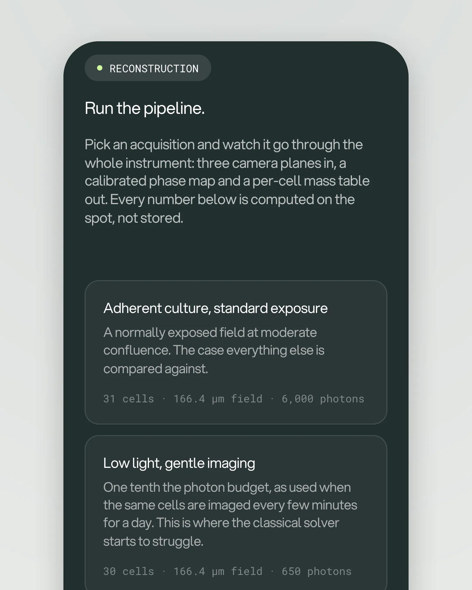 The reconstruction tool on a phone: a RECONSTRUCTION tag, "Run the pipeline.", a paragraph on the three camera planes and the per-cell mass table, and preset cards